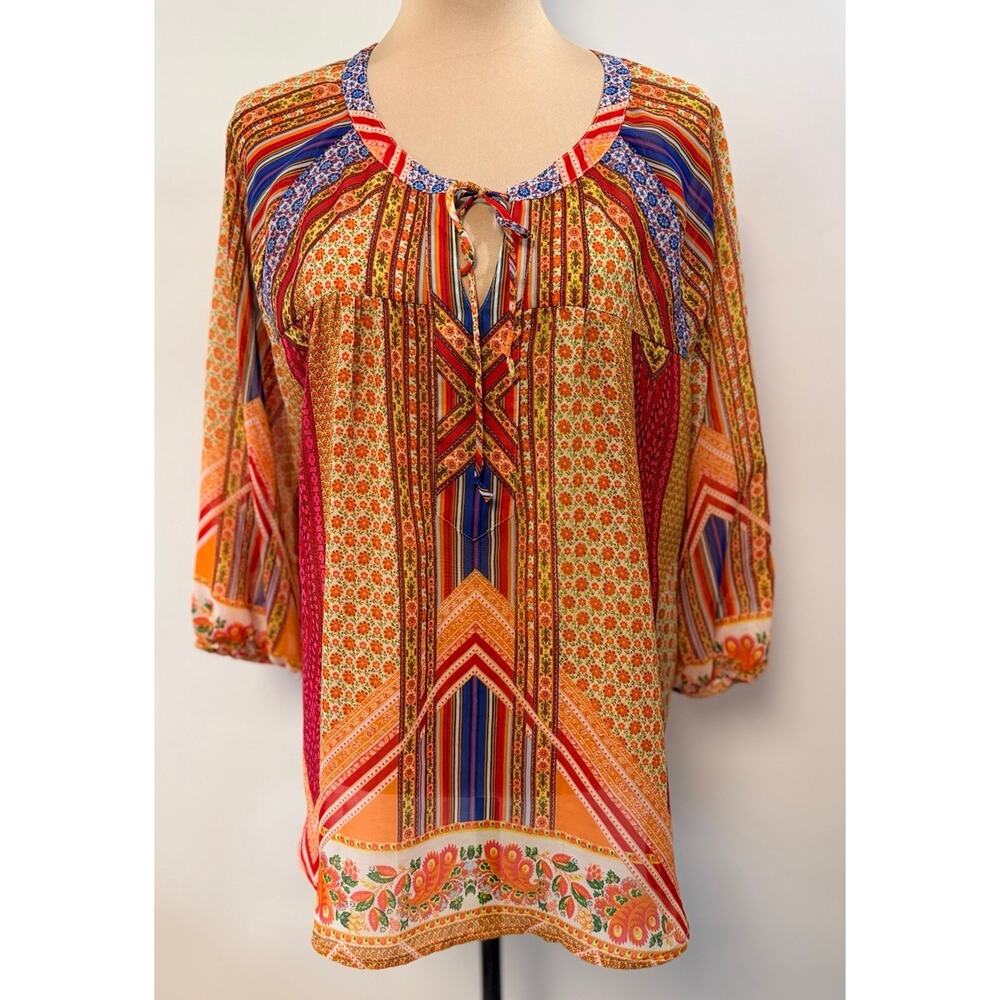 Anthropologie Patchwork Fig &‎ Flower Boho Floral Top Womens sheer Large Peasant